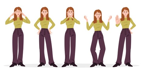 Obraz premium Set of character business woman expressing negative emotions. Headache, depression, emotional burnout, fear, anger, stop gesture and panic. Cartoon flat vector collection isolated on white background