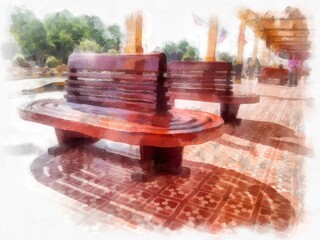 Wooden seats waiting for a train at a Thai train station watercolor style illustration impressionist painting.