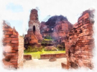 Landscape of ancient ruins in Ayutthaya World Heritage Site watercolor style illustration impressionist painting.