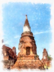 Landscape of ancient ruins in Ayutthaya World Heritage Site watercolor style illustration impressionist painting.