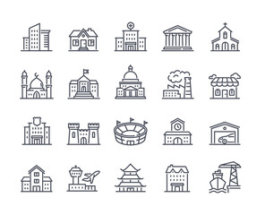 Simple set of icons with buildings in linear style. Stickers with church, mosque, house, factory and airport. Design elements for website. Cartoon flat vector collection isolated on white background