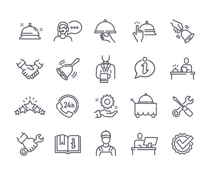 Simple set of icons with service and maintenance. Stickers with waiter, hotline operator, builder and rating. Design elements for website. Cartoon flat vector collection isolated on white background