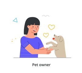 Fototapeta na wymiar Happy pet owner abstract concept. Young woman playing with her little puppy. Female character takes care of dog and spends time with her. Cartoon modern flat vector illustration in doodle style