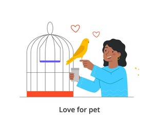 Happy pet owner abstract concept. Young woman holds her cute parrot in her hand and feeds it. Female character takes care of bird. Cartoon contemporary flat vector illustration in doodle style