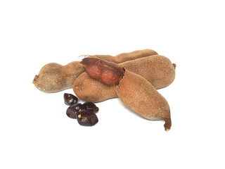 Fresh brown ripe sweet tamarind with sweet taste isolated on white background.