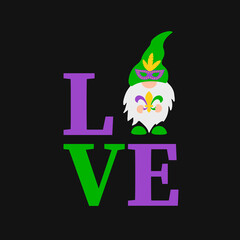 Word love with cute Mardi Gras gnome holding Fleur de lis. Vector template for Valentines card, flyer, banner, sticker, t-shirt, etc