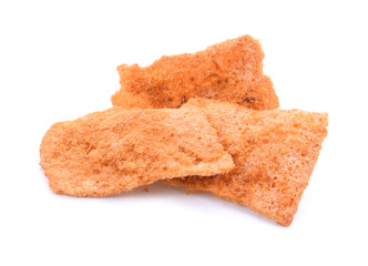 Rice cracker with flossy pork in a plate on a white background