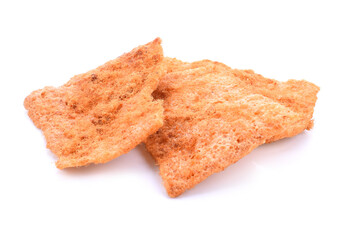 Rice cracker with flossy pork in a plate on a white background