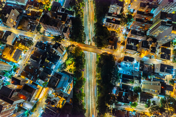 Night road in the city. Top view.