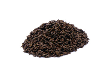Vermicompost isolated on white background. Vermi-compost is the product of the decomposition process using various species of worms, usually red wigglers, white worms, earthworms. Organic fertilizer