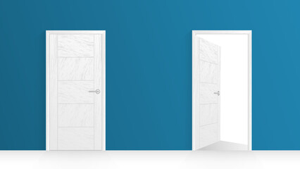 White wooden door with frame and blue wall, Open, close compare. Interior modern illustration. Minimal concept.