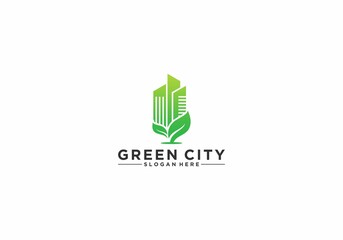 green city logo by combining leaves and buildings that reflect a green city full of lush plants