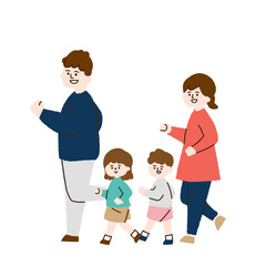 歩く四人家族　夫先頭