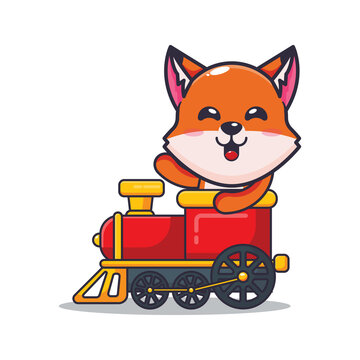cute fox mascot cartoon character ride on train