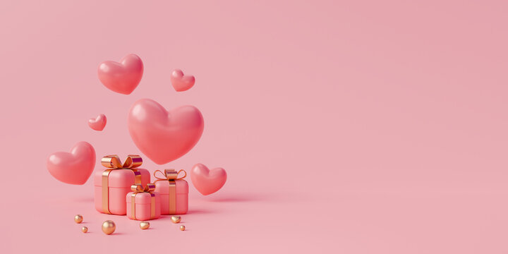 Pink gift box with gold ribbon and heart banner love concept on pink background 3D rendering