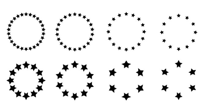Set 8 Vector Black Circle Frame from star Shape, Isolated on White