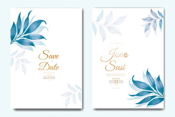 Fototapeta na wymiar beautiful blue leaves watercolor wedding invitation card 