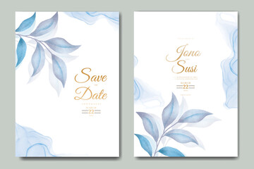 beautiful blue leaves watercolor wedding invitation card 