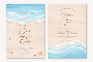 Fototapeten Set of wedding invitation with summer beach hand drawn watercolor background © cocomomo
