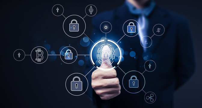 Security blockchain of Bitcoin cryptocurrency market financial investment tech companies modern world age digital currency, blue background abstract concept of BTC with fingerprint scan technology