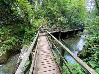 Wooden hiking trails and bridges along the protected landscape of the Kamacnik canyon - Vrbovsko, Croatia (Drvene pješačke staze i mostići duž zaštićenog krajolika kanjona Kamačnik - Gorski kotar)