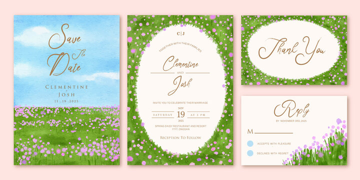 Set of wedding invitation with watercolor spring flower fields background landscape