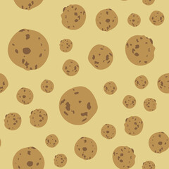 Obraz premium Seamless pattern with cookies. Abstract pastel pattern with tasty chocolate chip cookies. Random, chaotic cute beige background with sweet cookie.