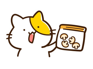 きのこをフリーザーパックに入れるかわいいねこの手書き風イラスト