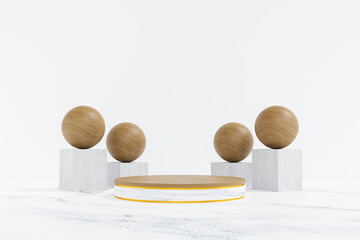 Fototapeta premium wooden and marble circle podium on white background. concept scene stage showcase for new product, promotion sale, banner, presentation, cosmetic. with copy space - 3D illustration