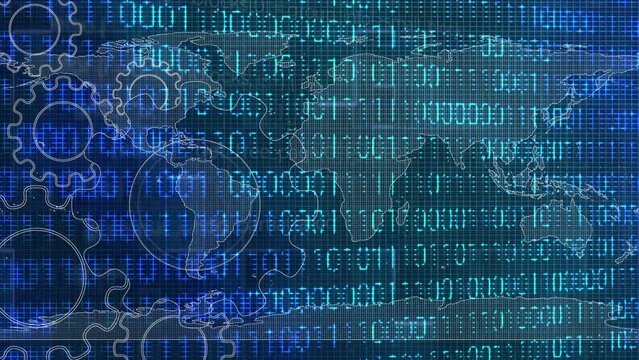 4K Digital Technology World Map Gear Binary Code Background