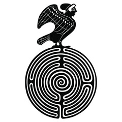 Ancient Greek siren or harpy bird with female head on top of a round spiral maze or labyrinth symbol. Creative concept for antique culture. Black and white silhouette. - obrazy, fototapety, plakaty