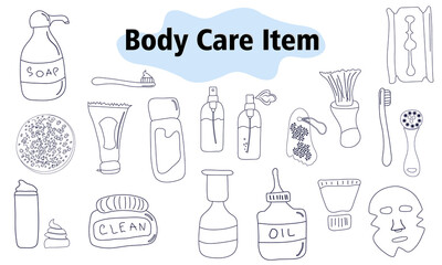 Items and elements for body care. Bathroom supplies, cosmetics, razor, toothpaste, toothbrush. In a linear style. Vector illustration.