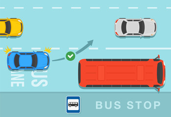 Safety driving and traffic regulating rules. Blue sedan car is about to changing lane to overtake the bus. Flat vector illustration template. - obrazy, fototapety, plakaty