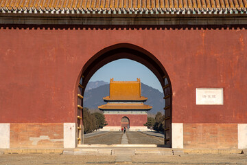 the architectural landscape of the large stele building with red gate is in Dongling Mausoleum of the Qing Dynasty, China