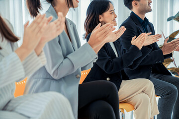 Businesswoman proficiently present work project receive celebrations from team . Corporate business...