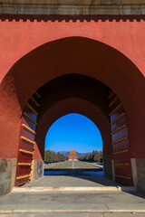 the architectural landscape of the large stele building with red gate is in Dongling Mausoleum of the Qing Dynasty, China