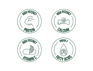 High potency calcium, protein, vitamin c, omega 3 fatty acid icon set vector illustration 