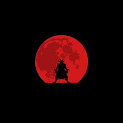 Samurai with katana sword and big blood moon vector design illustration