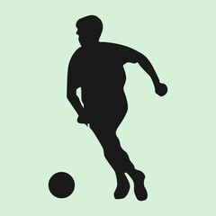 Silhouette of football player with ball on light green background. The player's control of the ball. Vector illustration