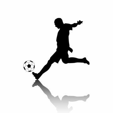 Silhouette of soccer player with ball isolated on white with his reflection. The player hitting the ball. Vector