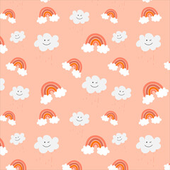 Fototapeta na wymiar Seamless pattern with smiling clouds and ranbows, for kids pattern. Design elements for baby textile or clothes. Hand drawn doodle repeating elements