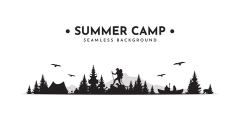 Summer camp seamless vector illustration background. Outdoor adventure seamless scene with mountain, campfire, man and girl with guitar in canoe