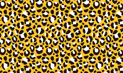 Leopard seamless pattern. Yellow, black and white animal texture, african print for packaging, textile, fabric, wallpaper. Leopard safari wrapping, vector illustration
