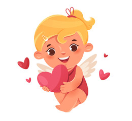 Obraz premium Funny cupid, little angels or amur. Cute girl cupid holding a pink heart. Romantic flat character. 