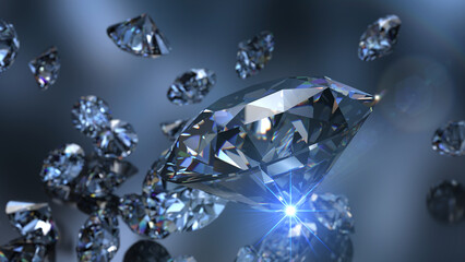 Shiny Diamonds with blue flash light on black-blue surface background. Concept image of luxury living, expensive things and high added value. 3D CG. High resolution.