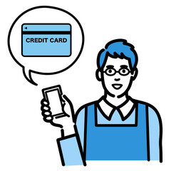 スマートフォンを持ってクレジットカードの説明をしているメガネをかけた主夫

