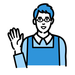 手を挙げて笑顔で挨拶しているメガネをかけた主夫
