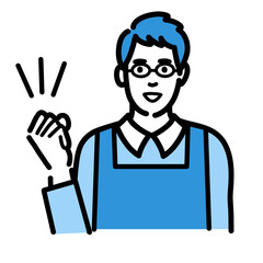 笑顔でガッツポーズをしていメガネをかけた主夫
