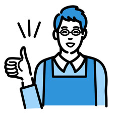 笑顔で親指を立てているメガネをかけた主夫
