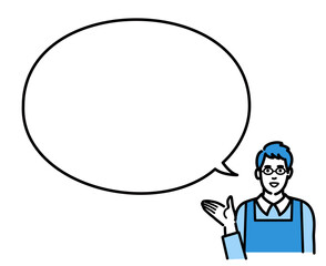 吹き出しで提案するメガネをかけた主夫
